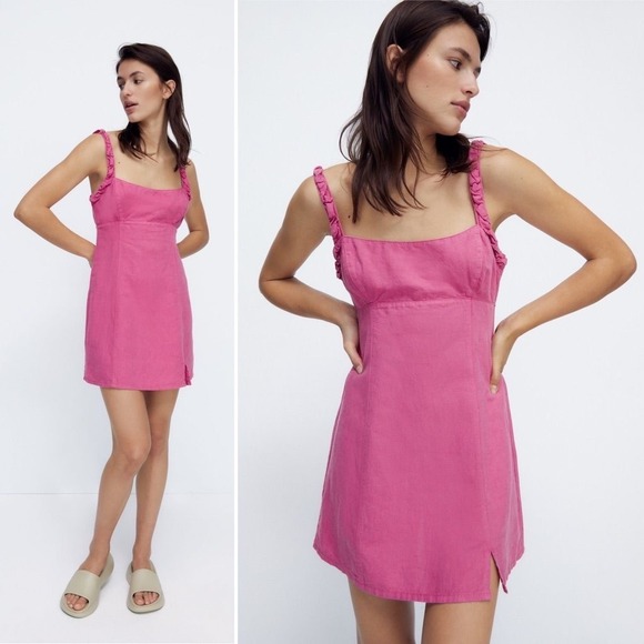 Avantlook Dresses & Skirts - Avantlook Hot‎ Pink Square Neck Ruffle Strap Mini Dress Tie Back